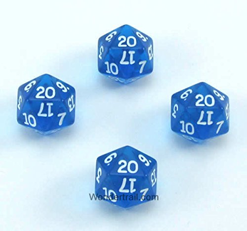 WKP02845E4 Blue Transparent Dice with White Numbers D20 16mm (5/8in) Pack of 4 Dice Koplow Games