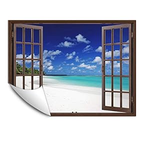 Wall Murals for Bedroom Fake Window Beach Brown Window Removable Wallpaper Peel and Stick Wall Stickers - 24x32 inches