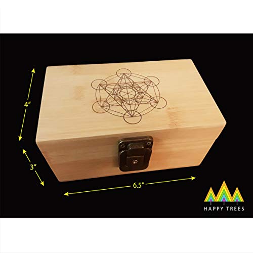 Stash Box Combo - Locking Wooden Box with Grinder, Rolling Tray, Smell Proof Glass Jar - Bamboo Box with Lock Accessories Kit - Metatron's Cube Design