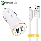 Galaxy S8 / S8 Plus / Note 8 Fast Car Charger Adapter and 6ft USB Type C to A Cable Cord For Samsung,LG G6 G5 V30 V20, HTC U11 / HTC 10,Qualcomm Quick Charge 3.0 and 2.4A Two Port