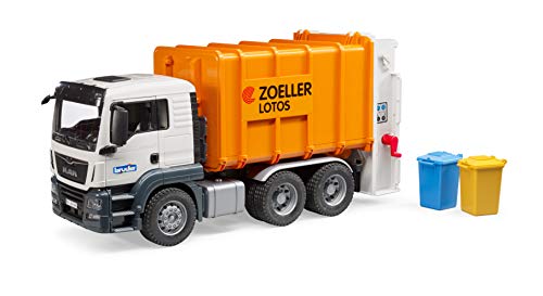 bruder 03762 - Man TGS Hecklader Müll-LKW & 2 Mülltonnen - 1:16 Abfalltonnen Müllabfuhr Müllauto Müllwagen Müllmann Abfallentsorgungs-Fahrzeug Lastwagen Laster Spielzeug
