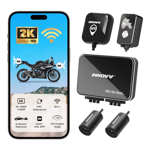 K7 Front and Rear Dash Cam with EIS Anti-Shake 2K + 2K @ 30FPS or 1080P + 1080P @ 60fps Motorcycle Camera, GPS, Wi-Fi, 24 Hours G-Sensor, Waterproof Motorcycle Camera Support 512GB Max