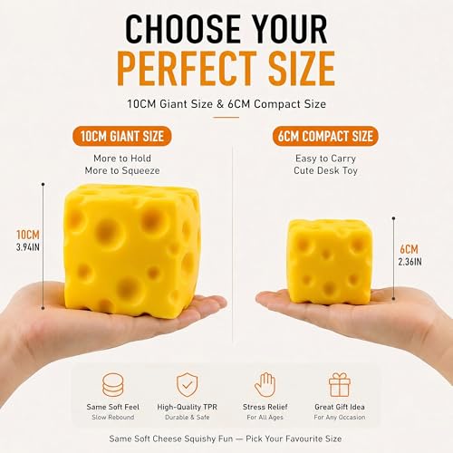 Plimto Giant Cheese Squishy Toy, 10cm Jumbo Slow Rising Stress Ball, 400g TPR Outer Layer with EVA Foam Filling, Soft Sensory Fidget Toy for Kids, Teens & Adults, Novelty Desk Decor and Gift