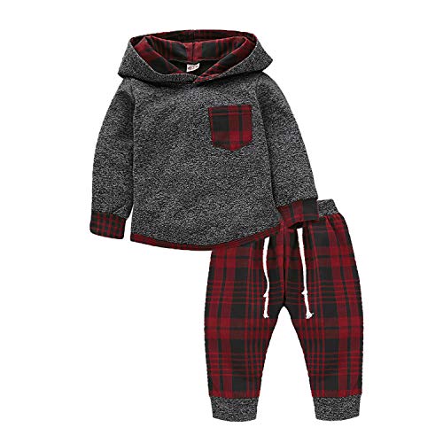 Kids Toddler Infant Baby Boys Girls Fall Outfit Plaid Pocket Hoodie Sweatshirt Jackets Shirt+Pants Winter Clothes Set