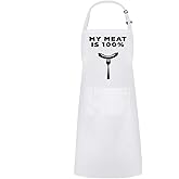 Hyzrz Funny Adjustable Aprons Baker Costume with Pocket Cook Grill BBQ Chef Apron Gifts for Fathers Mothers Day Birthday (My Meat is 100%, White)