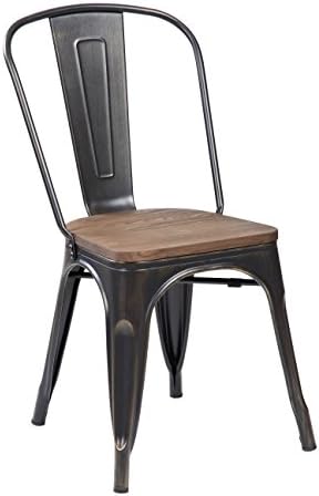 eurosportsTolix Style Metal Dinning Chairs Stackable Home Kitchen Barstools with Handmade Wooden Seat and Back, Set of 4 Antique Black Brushing