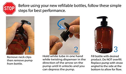 Bottiful Home- 16 oz Refillable Empty Amber PET Plastic Bathroom Soap and Lotion Dispenser Pump Bottle Set-Gold Printed-Black Pumps-Fully Waterproof, Rust-Free, Clog-Free, Drip-Free