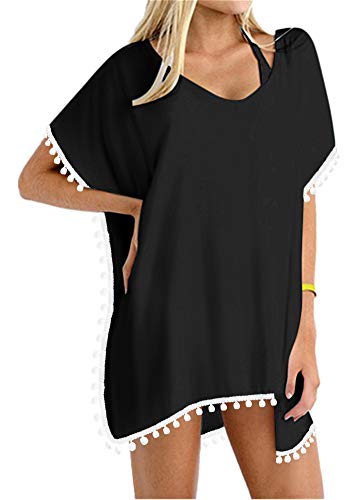 Yincro Women's Chiffon Swimsuit Beach Bathing Suit Cover Ups for Swimwear (Black Pom Pom, Size C) - Thumbnail 3