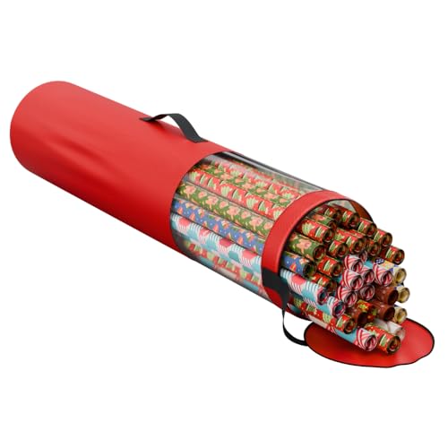 ProPik Gift Wrapping Paper Storage Organiser Bag, Stores Up to 25 Rolls - 40 Inch, Heavy Duty Polyester Plus PVC Clear Bag with Handles and Zippered Top Wrap and Ribbons (Red)