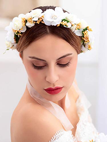 Barogirl Flower Crown Pack Boho Floral Garland Bracelet with Ribbon Hair Wreath Headband for Brides and Bridesmaids