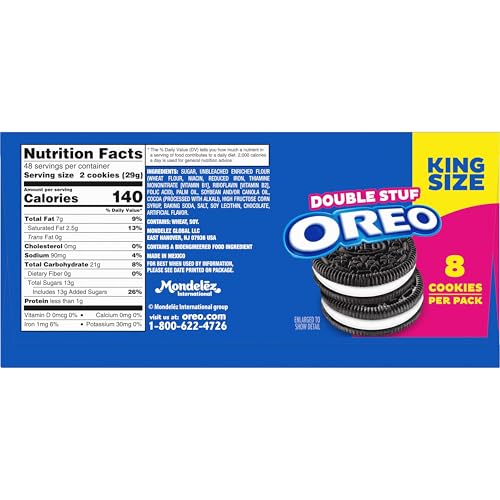 OREO DOUBLE STUF CHOCOLATE SANDWICH COOKIES, KING SIZE, 12 SNACK PACKS (8 COOKIES PER PACK)