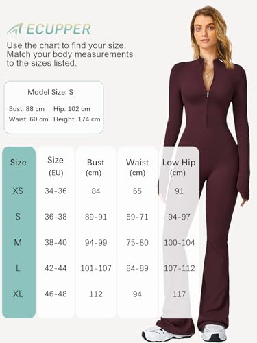 Ecupper Women's Jumpsuit with Long Sleeves, Slit Bottom, Zipper, Jumpsuit, Full Bodysuit, Yoga Unitard, Wide Legs and Sexy
