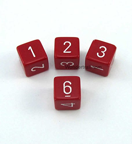 Wondertrail WCXPQ0604E4 Red Opaque Dice with White Numbers D6 Aprox 16mm (5/8in) Pack of 4 Dice Chessex