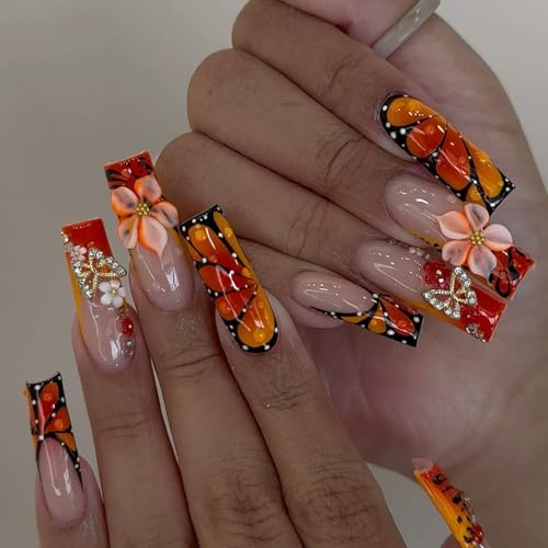 24Pcs Orange Press on Nails Medium Square Fake Nails with Spring Summer Flowers Butterfly Rhinestones Design Orange Red Full Cover Stick on Nails Reusable for Women Daily DIY Manicure Decoration at Amazon
