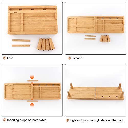 Bamboo Desk Organizer Tray for Saving Space, Office Desktop Small Objects Storage Holder Hide Keyboard Wood Shelf for Phone, Tablet, Glasses, Pen, and More Accessories