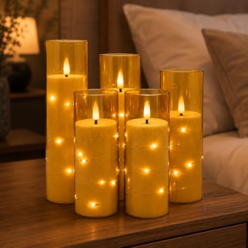 5 Candele LED Champagne con Luci Fatate Avvolgenti, Copertura Vetro Trasparente, Fiamma Tremolante Realistica, Resistenti al Caldo, 1 Telecomando per Decorazioni Interno ed Esterno