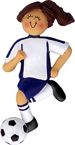 Ornament Central"Soccer, Dribbling: Blue Uniform, Female Brown Ornament