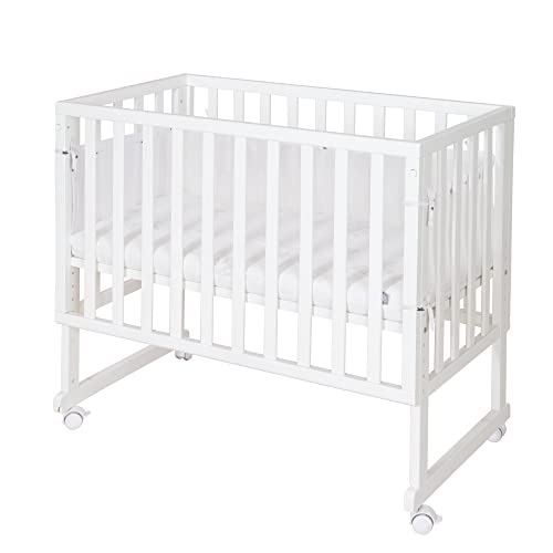 roba Safe Asleep® 3-in-1 Bassinet & Bedside Crib, 45 x 90 cm, Height-Adjustable, incl. Mattress and Canvas Barrier, mesh Surround, White Wood