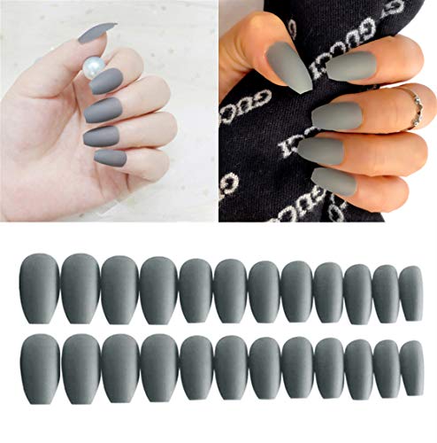 24pcs Pure Color Coffin Nails Matte False Gel Nails Art Tips Sets Full Cover Medium False Nails for Ballerina Cosplay Office Lady (Gray)