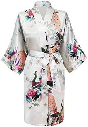 Kissria Women's Kimono Robes Peacock and Blossoms Short Style Silk Nightwear