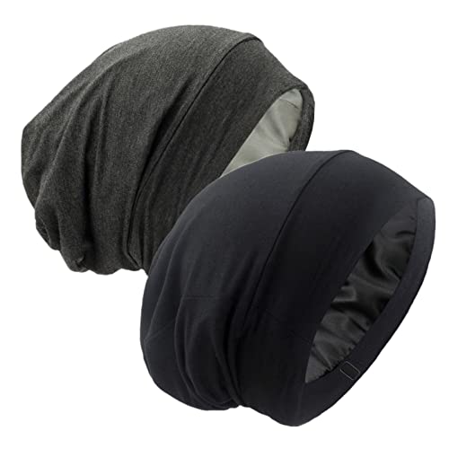 Silk Satin Lined Bonnet Sleep Cap - Adjustable Stay on All Night Hair Wrap Cover Slouchy Beanie for Curly Hair Protection for Women and Men - Black & Dark Grey