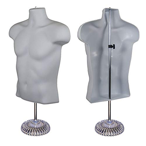 Male Mannequin Torso, Dress Form Hollow Back Body or Tshirt Display, w/Economic Plastic Stand for Counter or Hanging by EZ-Mannequins Temporal Photos or Design, Easy to Assemble and Store, S-M Sizes.