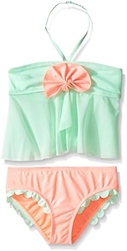 Hulu Star Little Girls' Mermaid Scallops Two Piece Tankini Swimsuit, Mint/Pink, 3T