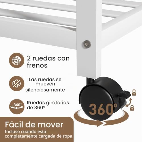 Perchero Ropa Madera con Ruedas, 3 Estantes, 4 Ganchos, Blanco