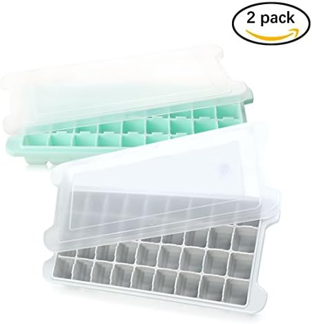 Durzerd Silicone Ice Cube Trays with Lids, 2 pcs Ice Cube Tray set with 72 Ice Cubes Molds, Flexible Rubber Plastic Stackable Mini Cocktail Whiskey Ice Cube Mold Storage Containers-Green and Gray