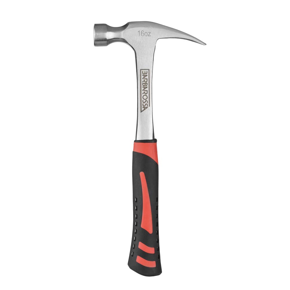 Claw Hammer by Barbarossa – 16Oz Straight Claw Hammer – Polished Carbon Steel & Fiberglass Handle – Anti-Vibe Shaft – Comfortable & Ergonomic Grip – Ideal Hand Tool for Nail Removal, Home Use