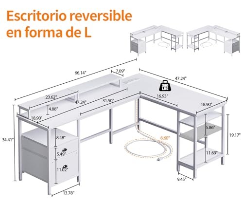 STAR BURN 66" Grande Escritorio en L de con Toma de Corriente,Escritorio Reversible para Computadora con Cajón para Archivos y 2 Soportes para Monitor,Escritorio para Oficina con Estantes Blanco