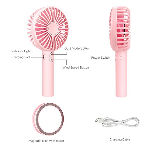 Betheaces Portable Mini Handheld Fan, Small USB Battery Operated Fan with Mirror Base, 3 Speed Electric Table Desk Personal Fans for Women Outdoor Indoor Camping Travel Home Office Cooling (Pink)