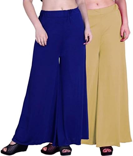 OOPLI :Palazzo Pack-2 Elastic Waist Wide Leg Flared Soft Malai Lycra Palazzo Pants for Women's(Royal Blue,Skin)-Free Size