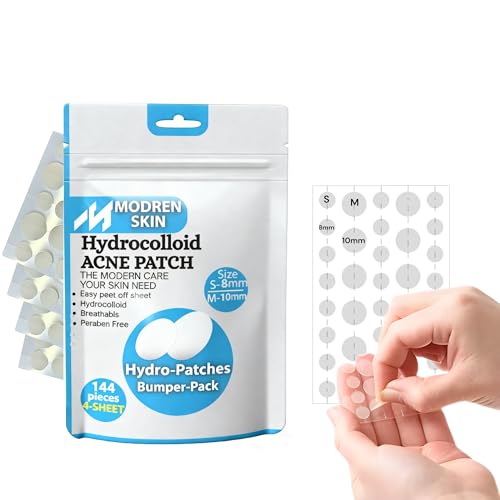 MODREN SKIN – 144 Pcs Pimple patches 4 Sheets – Hydrocolloid pimple patch with easy peel off cut lines in a resealable zipper bag – Acne Patch dots (Small 8mm, Medium 10mm)