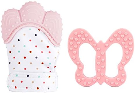 Teething Toys, Baby Teething Mitten,JAM LEE 1 PCS Baby Silicone Teething Soothing Relief Teether BPA FREE Safe Food Grade Teether Mitten + Butterfly Teether (Quartz Pink)