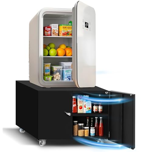QIRANUI Mini Fridge Stand with Storage，Heavy Duty Refrigerator Microwave Table for Home，Large Fridge Stand for Small Spaces with Door Adjustable Shelf，Mini Fridge Table with Wheels