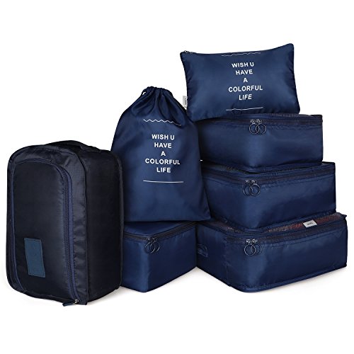 Swify Packing Cubes Set 7 for Travel Luggage Organizer with Toiletry Bag & Shoes Bags, Heavy Duty Compression Packing Pouches (Navy Blue)