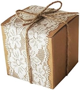 10 Pack of Square Kraft Boxes With Floral Lace With Silver Accent and Twine