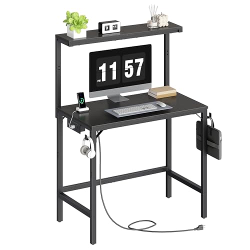 HOOBRO Computer Desk, 72 cm Small Desk for Small Spaces, Home Office Desk with Power Outlet & Adjustable Monitor Stand, Compact Desk with Storage, Writing Table for Bedroom, Office, Black BB38UDN01