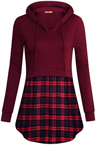 MCKOL Womens Sweatshirt, Casual Long Sleeve Lightweight Pullover Plaid Hem Drawstring 2-in-1 Hooded Tunic Top (Wine,Small)
