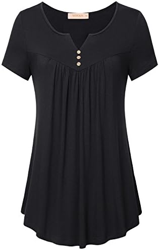 YOYAN Women's Splitt V Neck Short Sleeve Pleated Tunic Tops Casual Knit Shirts(XXL,Black)