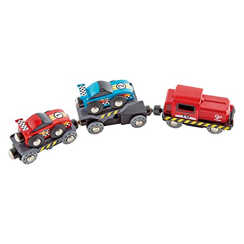 Hape Eisenbahn Rennwagen-Transporter, Frachtzug ab 3 Jahren, Eisenbahn