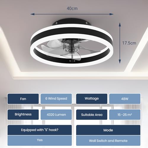 Nalezuns Ceiling Fan with Lights, Reversible Remote, 6 Speeds Modern Bedroom Fan Light, Quiet Dimmable Small Ceiling Light for Living Room, Black, 40cm