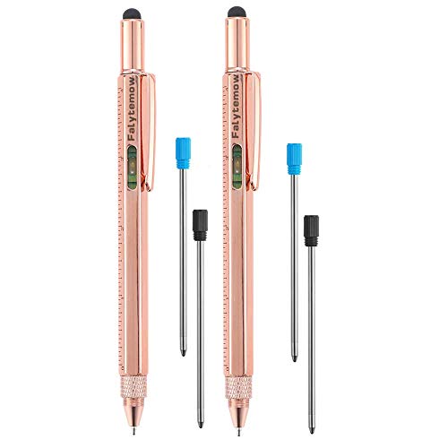Falytemow 6 in 1 Multifunction Tech Tool Ballpoint Pen with Ruler Level Stylus and Two-Head Screwdriver Funny Pens Best Friend Gifts (2pcs Rose Glod)
