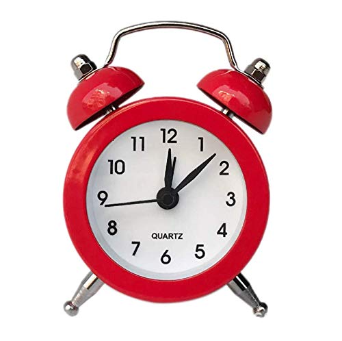 SHISI Mini alarm clock cute cartoon round portable metal clock family travel and exam alarm ticking (red)