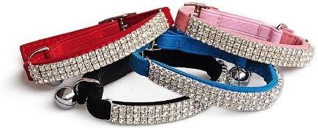 CHUKCHI Soft Velvet Safe Cat Adjustable Collar Bling Diamante with Bells,4 Pcs Black，Pink，red, Black