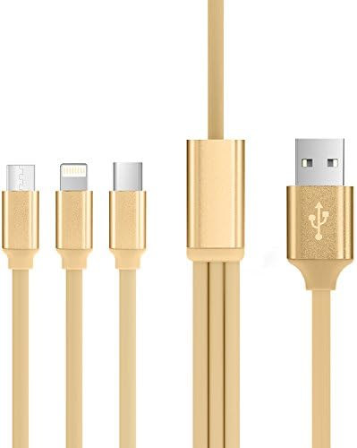 Multi Charge Cable, Iophi 1M (3FT) 3 in 1 Lightning, Type C and Micro USB High Speed Heavy Duty Charge Cable for iPhone 7/7 Plus/6s/6/5s/5/iPad/iPod Samsung LG HTC Windows Smartphone Tablet (GOLD)