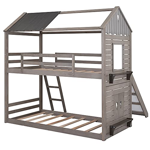 LZ LEISURE ZONE Twin Over Twin Bunk Bed, Wood Twin House Bed Loft Bed
