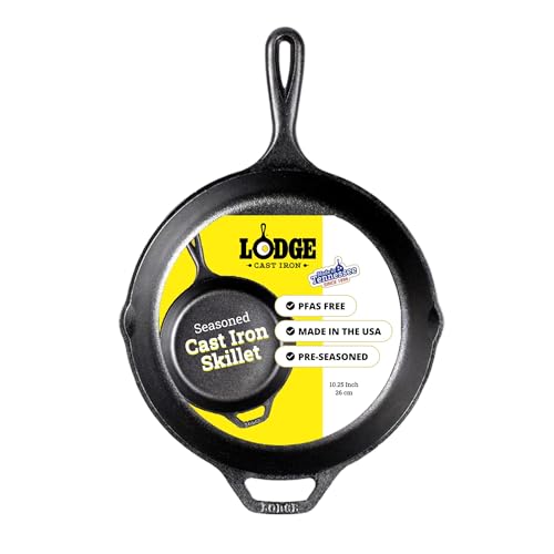 Lodge Seasoned Cast Iron Skillet - PFAS-Free, Non-Toxic Cookware - Use with an Oven, Stove, Grill, or Campfire - Naturally Non-Stick & Oven Safe - 10.25 Inches