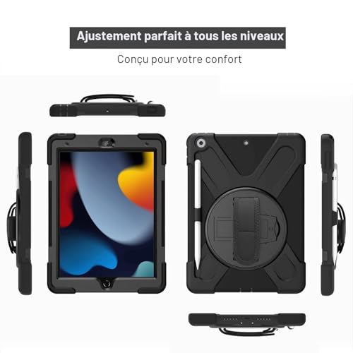 Gerutek Shockproof Case for iPad 9th/8th/7th Generation, 10.2 Inch, Rugged Armor Case with Rotating Stand, Hand Strap & Shoulder Strap, Pen Holder, Sleeve for iPad 10.2 Inch (2021/2020/2019), Black